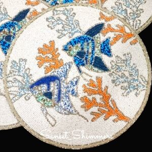 4pc Tahari Beaded Angel Fish Sea Coral Reef Placemats Chargers Set New Summer